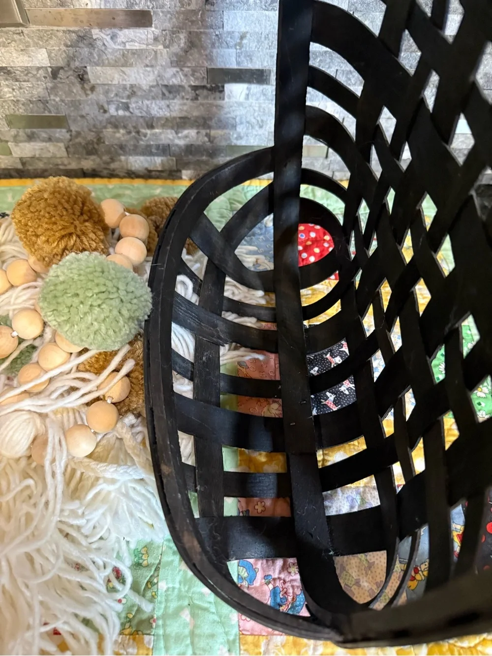 Woven Black Wooden Basket with Cream Tassel Bead Garland